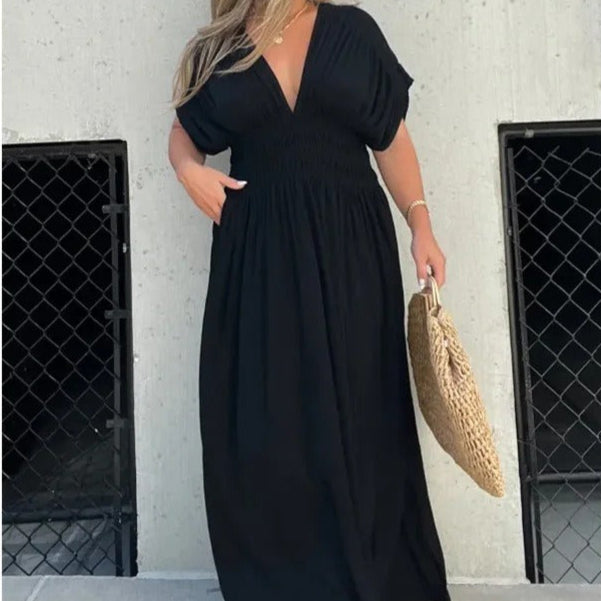 Vestido Mujer Largo Escote V Cintura Fruncida Elegante