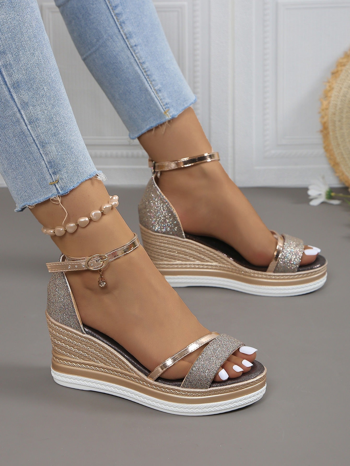 Sandalias Mujer Cuña Brillante Estilo Glamour