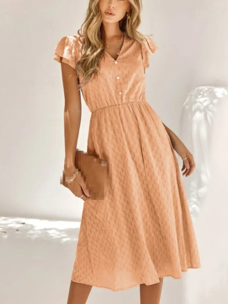 Vestido Midi Elegante Cuello V Manga Ancha