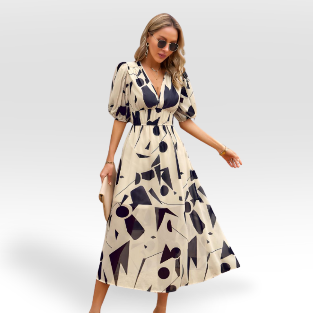 Vestido Midi Elegante con Escote en V y Falda Larga - Vestiria