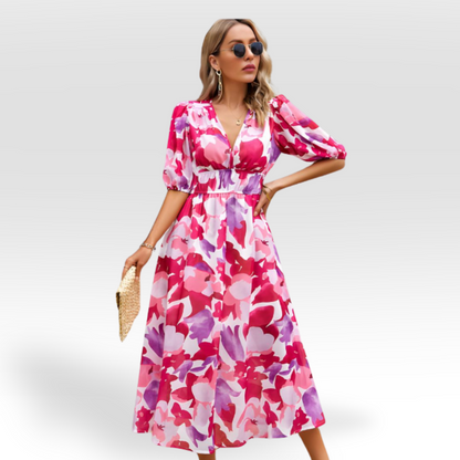 Vestido Midi Elegante con Escote en V y Falda Larga