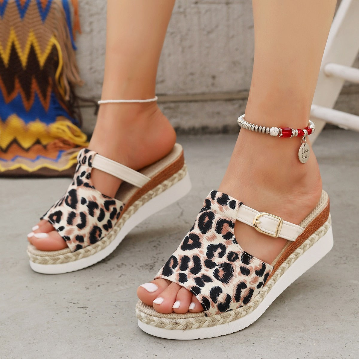 Sandalias Mujer Cuña Estampado Animal con Cierre