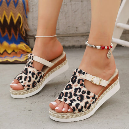 Sandalias Mujer Cuña Estampado Animal con Cierre