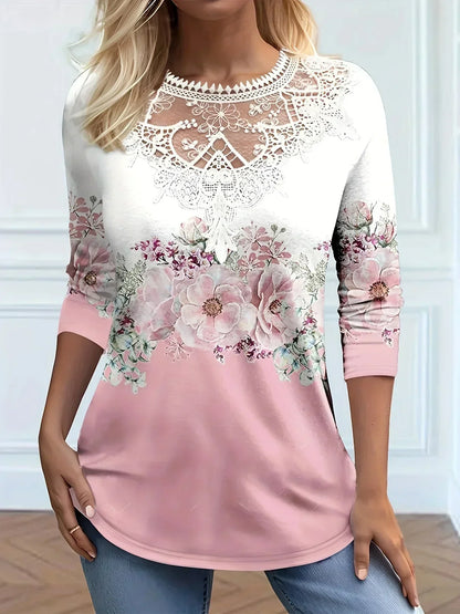 Camiseta Floral con Encaje Feminina - Vestiria