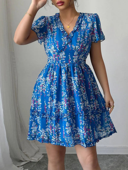 Vestido Corto Florado con Mangas Voladas