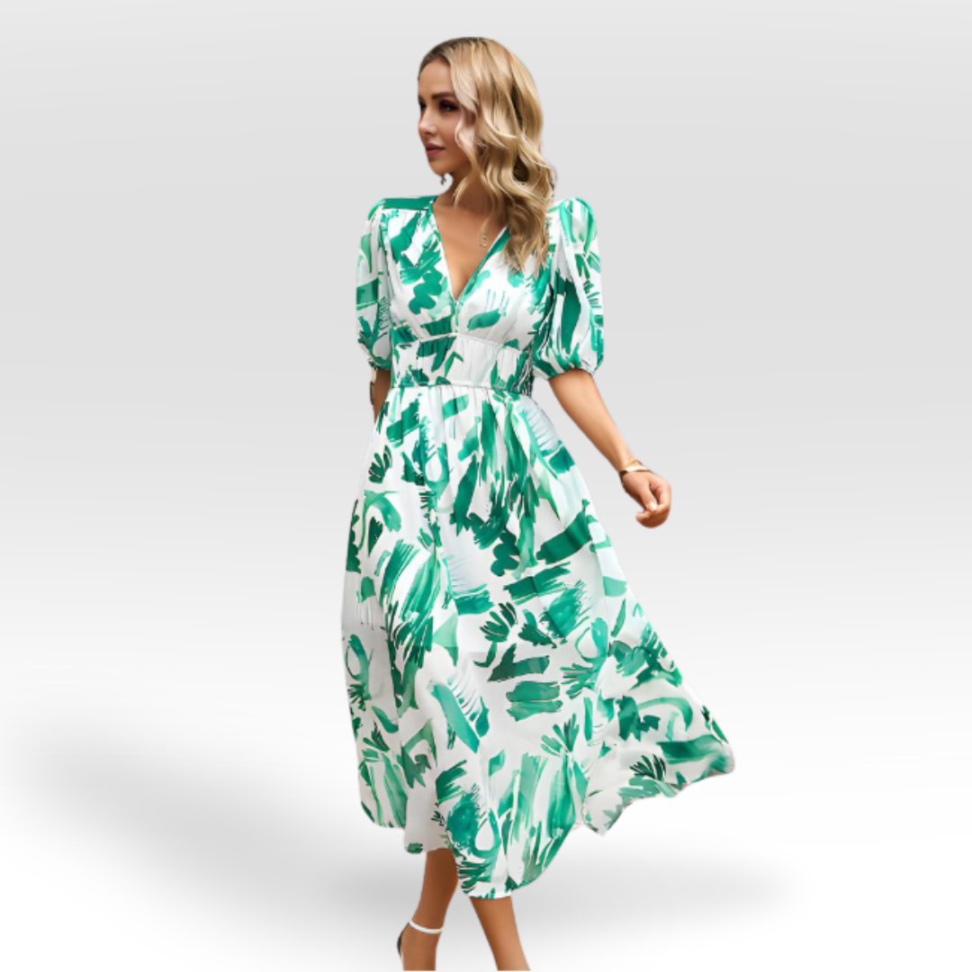 Vestido Midi Elegante con Escote en V y Falda Larga