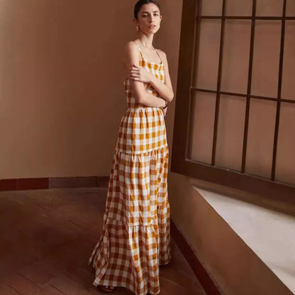 Vestido Cuadriculado Sin Espalda Estilo Boho - Vestiria