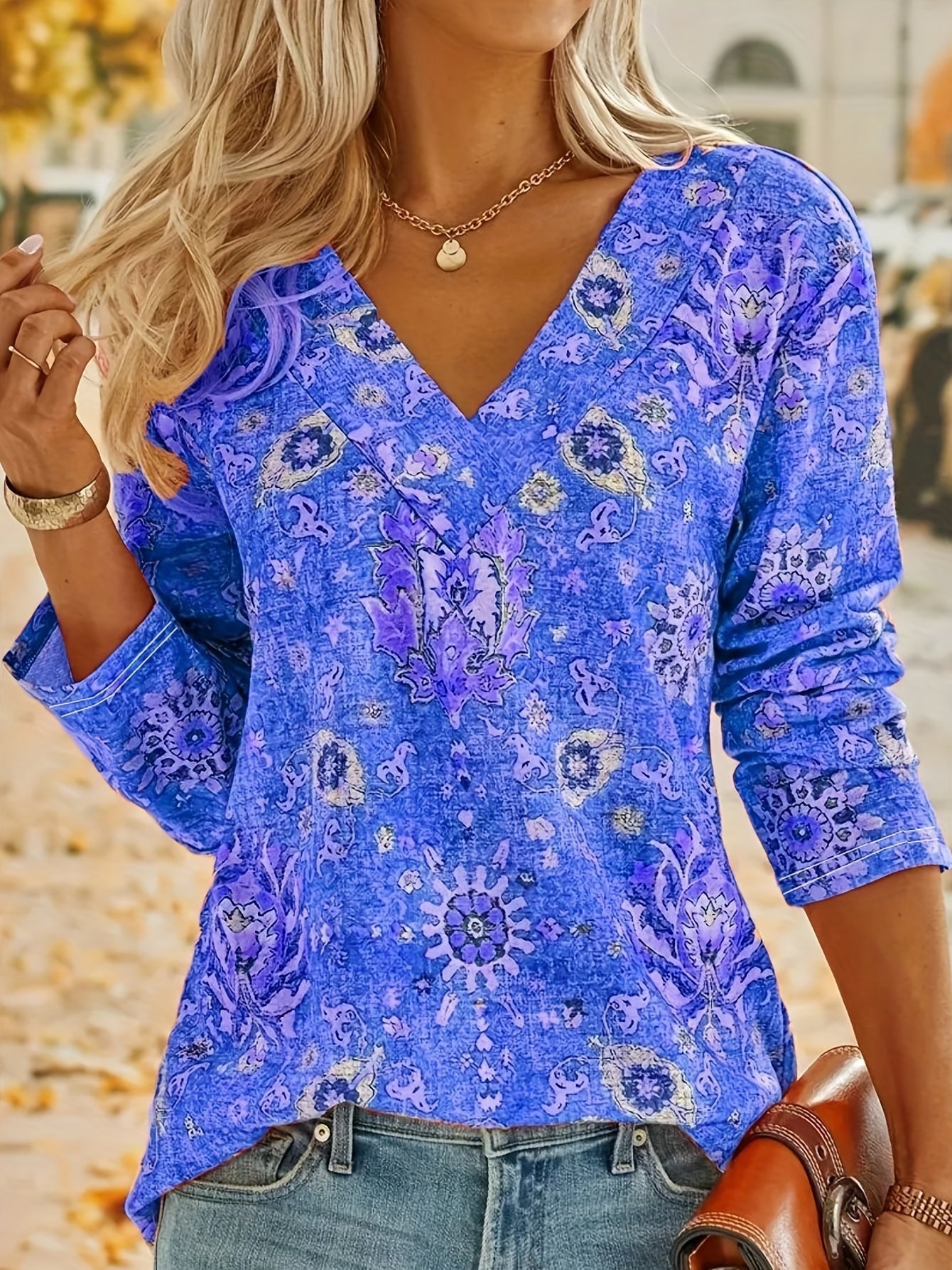 Blusa Boho Estampada Manga Larga Elegante