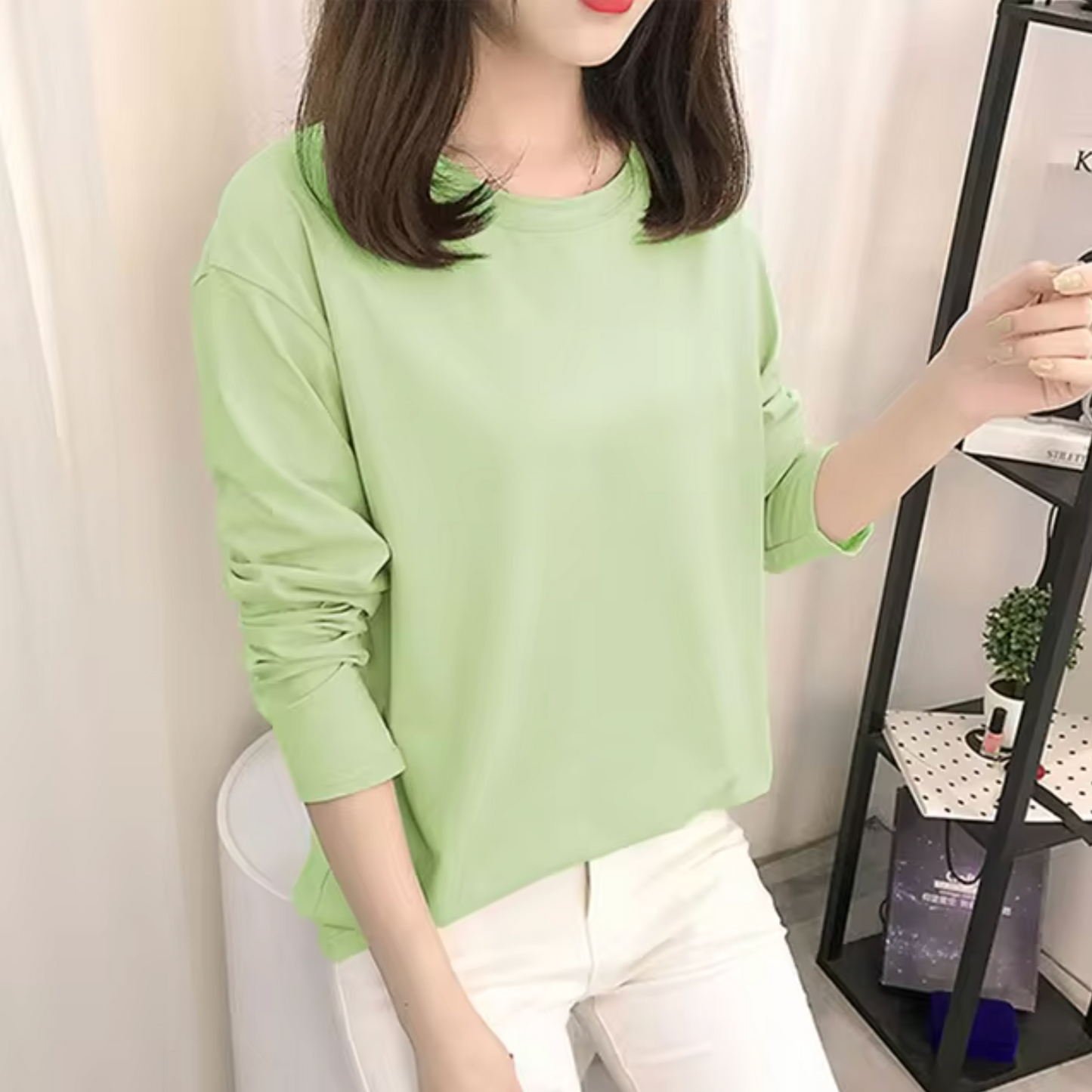 Camisa Algodón Manga Larga Cuello Redondo Clásica
