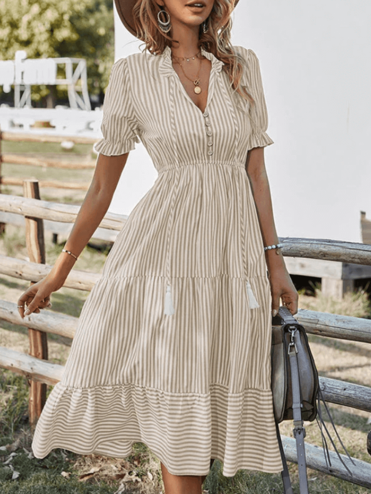 Vestido Rayas Midi Casual Con Volantes - Vestiria