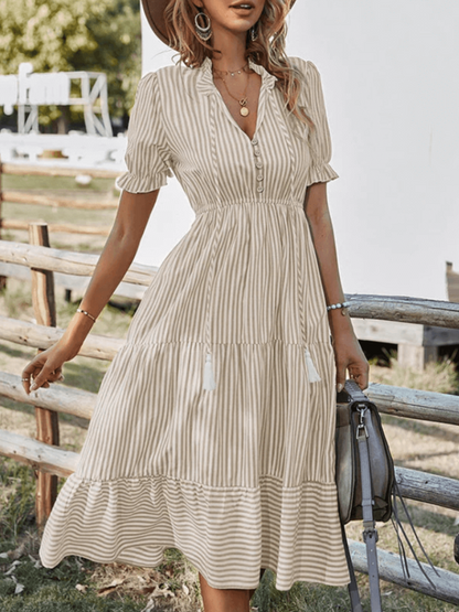 Vestido Rayas Midi Casual Con Volantes - Vestiria