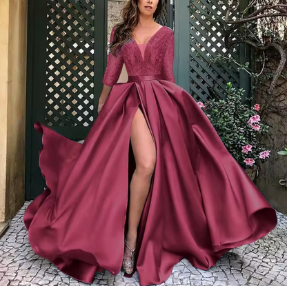 Vestido Elegante Manga Larga Cuello V