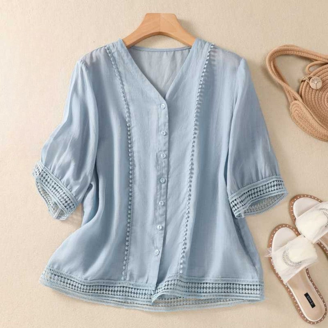 Blusa Mujer Elegante con Encaje y Botones