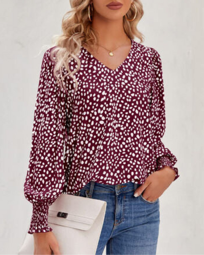 Blusa Estampada Mujer con Cuello Pico y Mangas Amplias