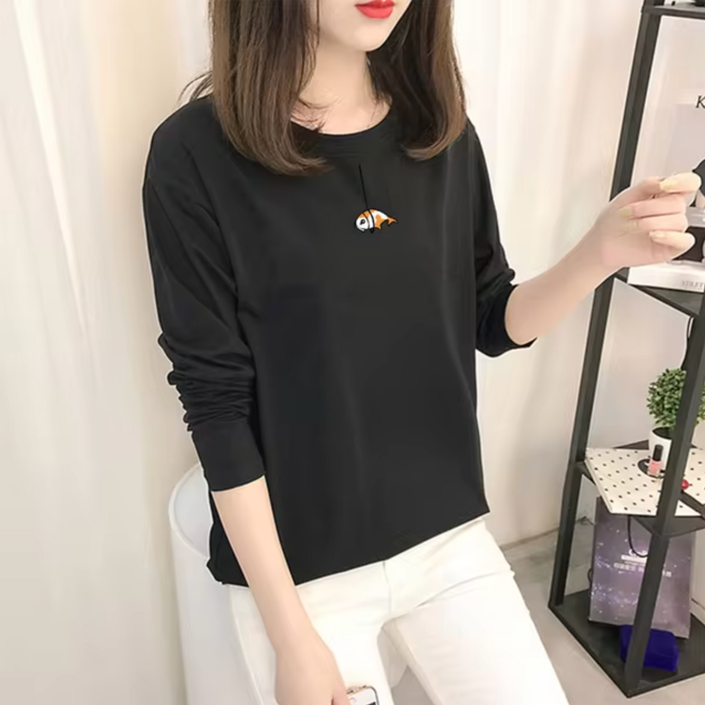 Camisa Negra Algodón Manga Larga Femenina