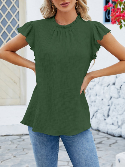 Blusa de mujer con mangas fruncidas y encaje
