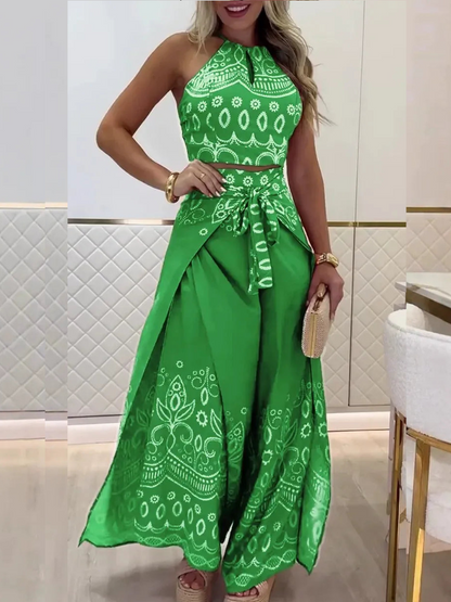 Conjunto de verano sin espalda con estampado floral y pantalones amplios