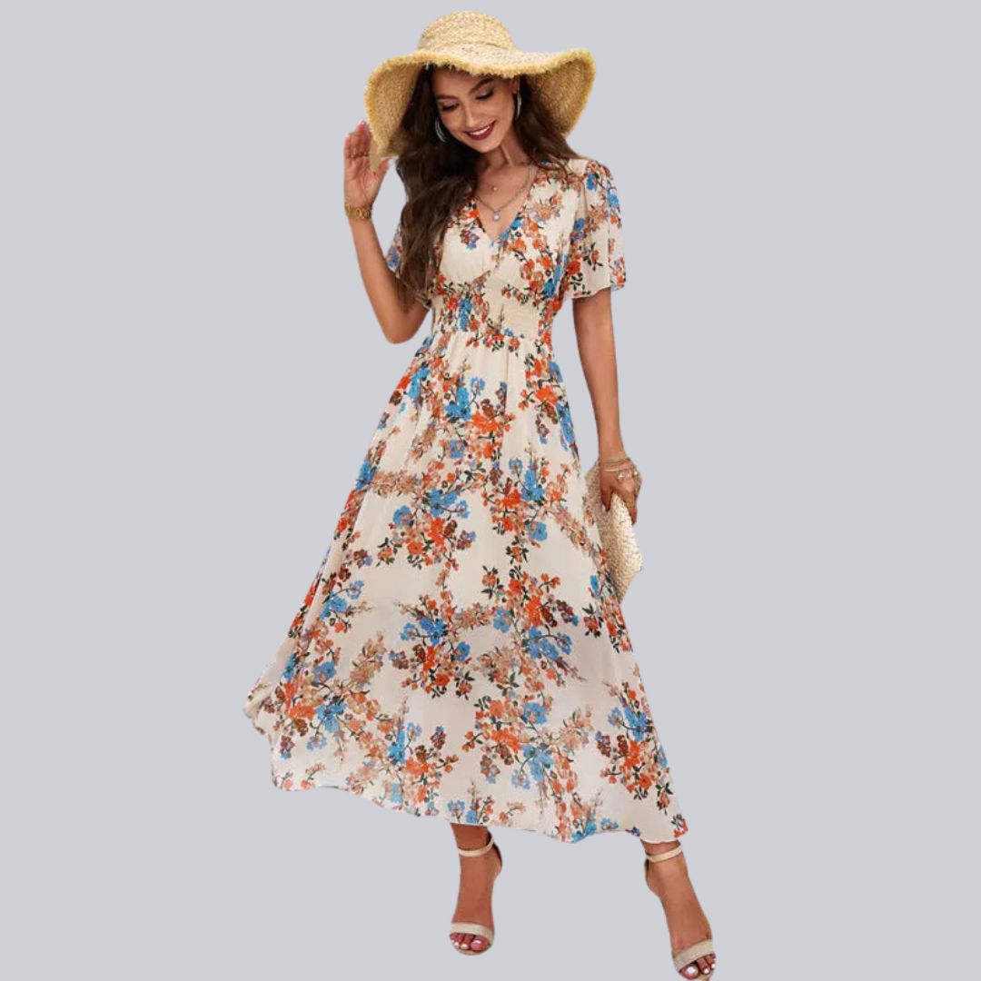 Vestido Floral Midi con Escote en V - Vestiria