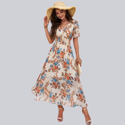 Vestido Floral Midi con Escote en V - Vestiria
