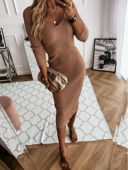 Vestido Punto Mujer Cuello V Manga Larga