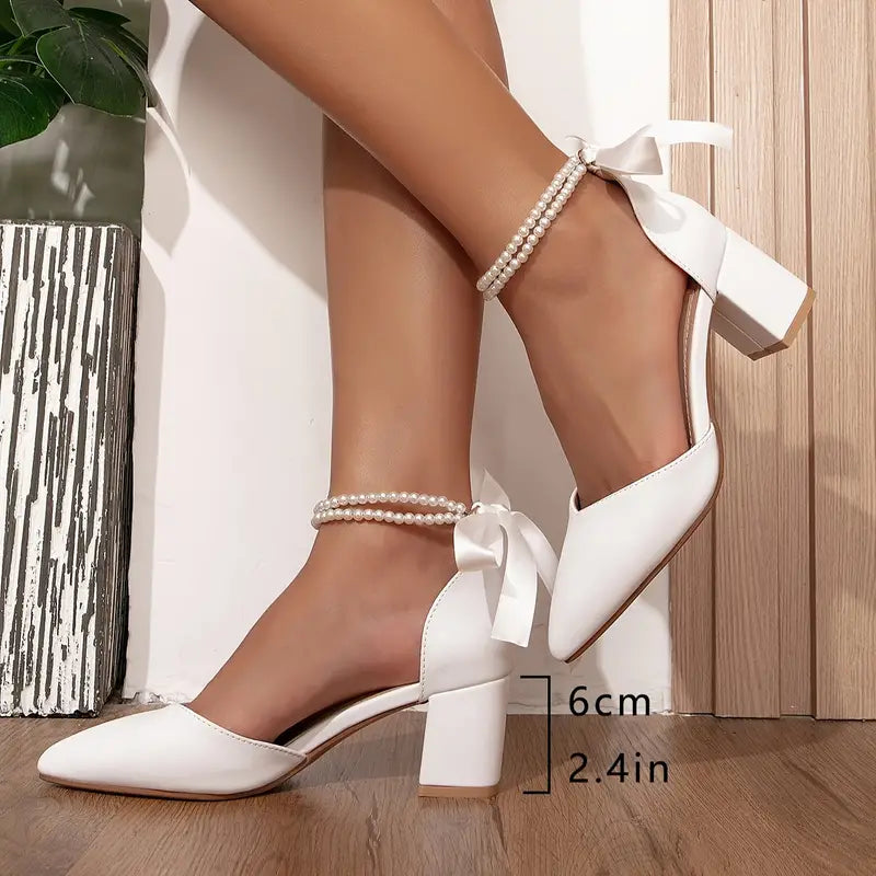 Zapatos de Tacón Alto Mujer Blancos con Tira Perlada - Vestiria