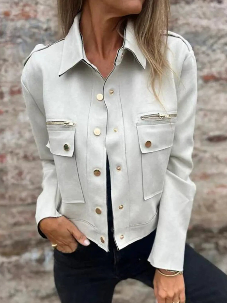 Chaqueta Cuero Clásica Cremallera Bolsillos