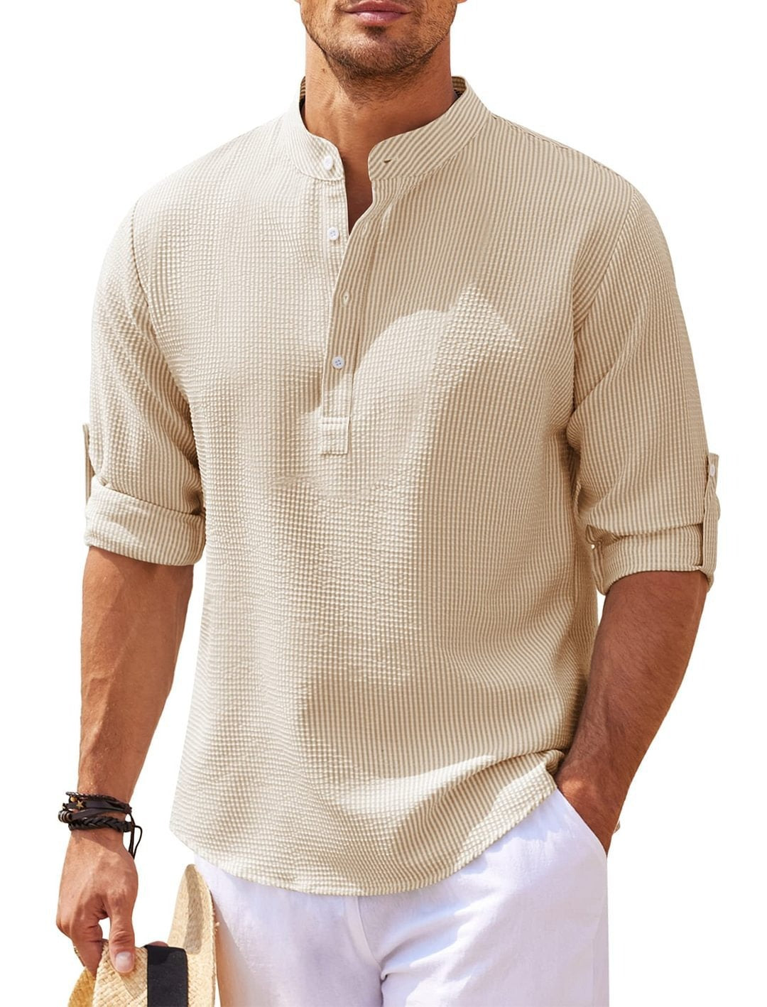Camisa Hombre Algodón Fresca Cuello Mao Casual