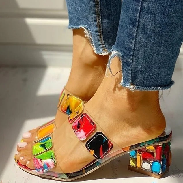 Sandalias Tacón Alto Mujer Estampado Colorido - Vestiria