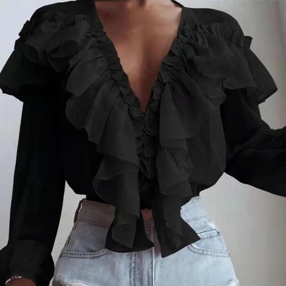 Blusa Mujer Elegante con Volantes y Cuello en V - Vestiria