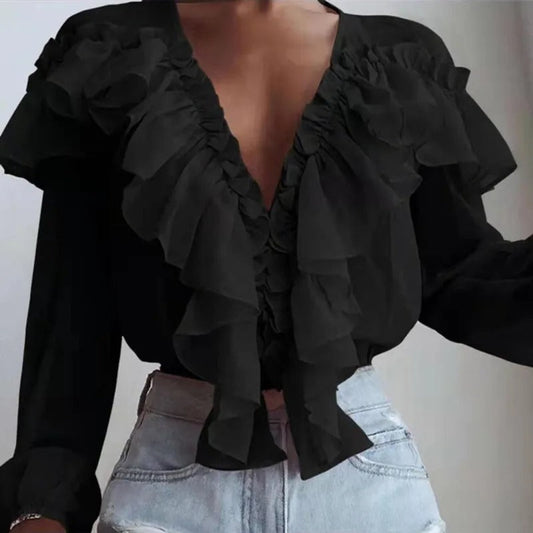 Blusa Mujer Elegante con Volantes y Cuello en V - Vestiria