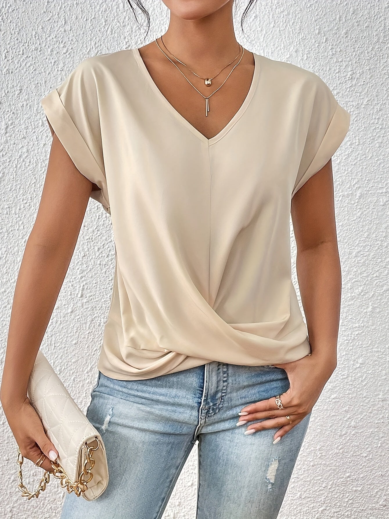 Blusa Mujer Elegante con Escote en V y Drapeado Cruzado