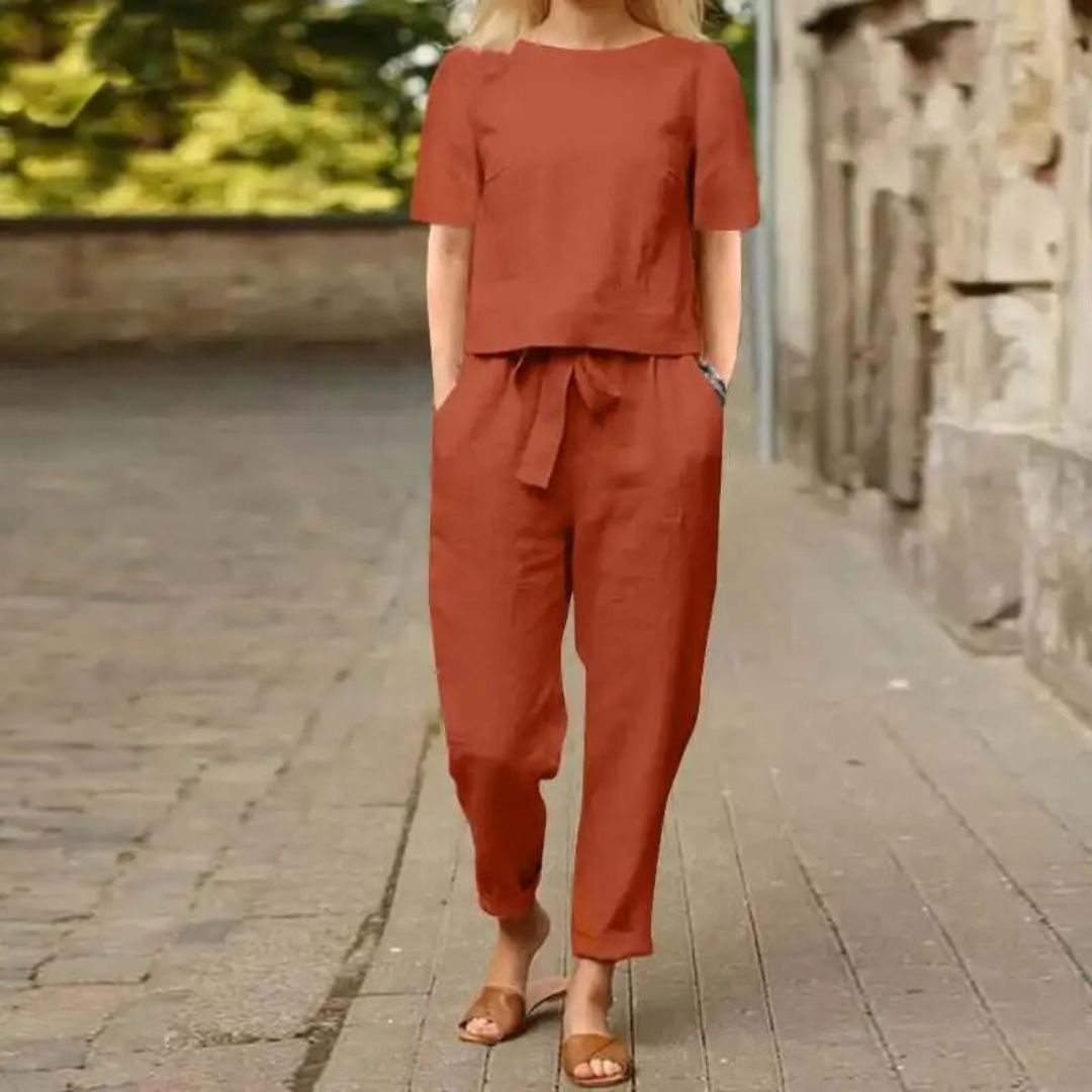 Pantalones y top de lino ligero y fresco para mujer