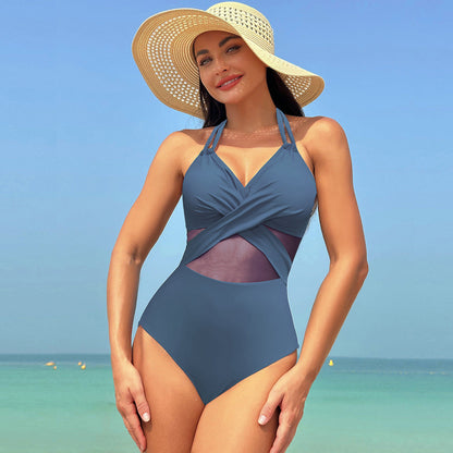 Traje de baño mono color liso con tirantes cruzados