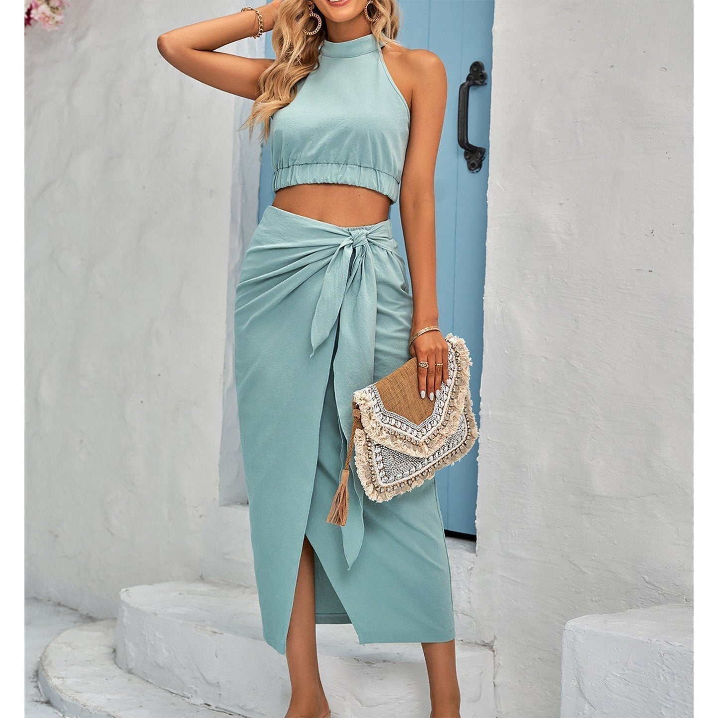 Vestido Mujer Elegante Cuello Alto Falda Midi