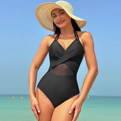 Traje de baño mono color liso con tirantes cruzados