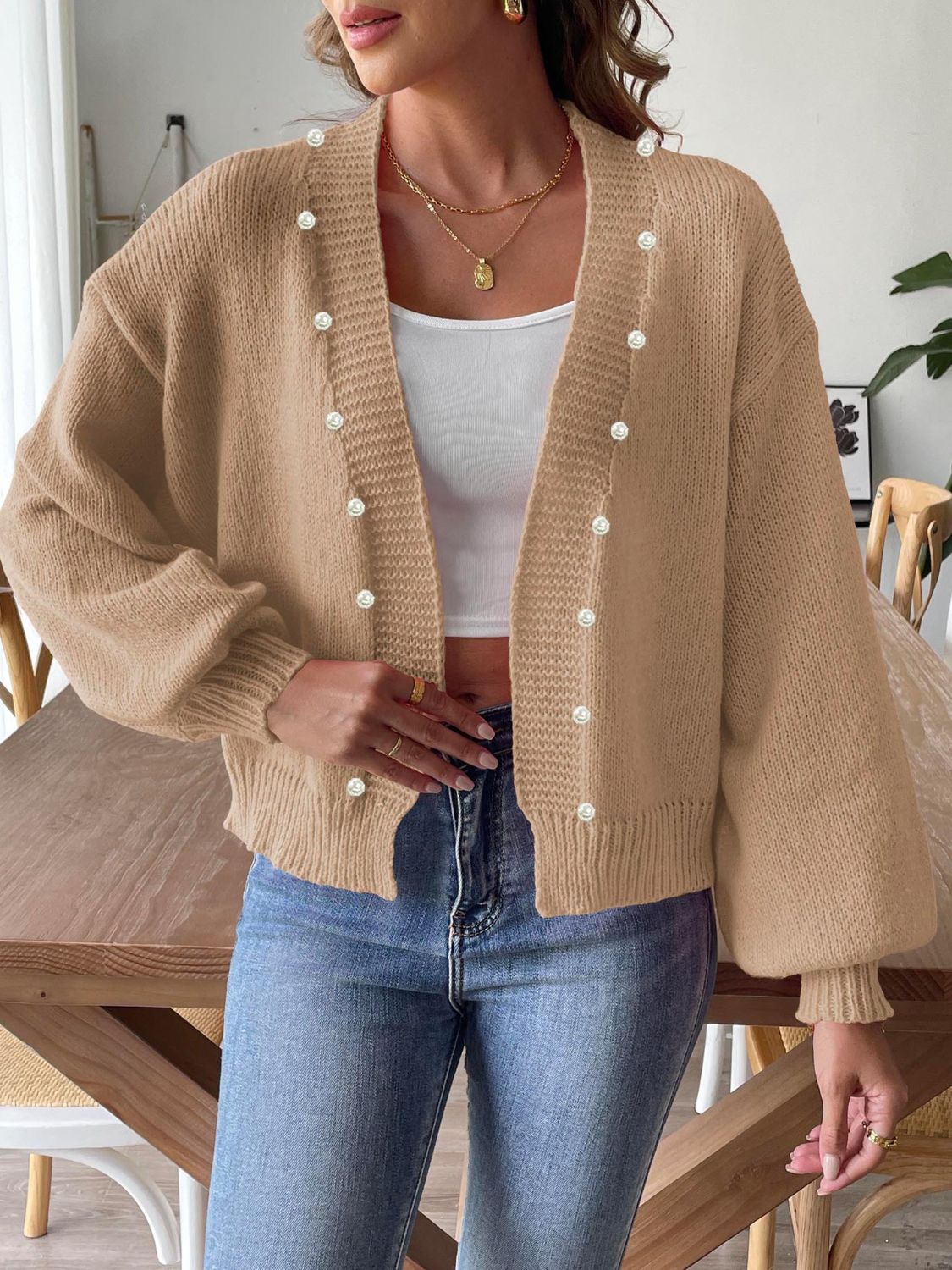 Cárdigan Mujer Elegante con Perlas Abierto