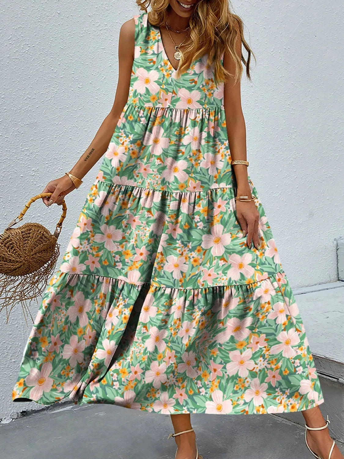 Vestido Floral Sin Mangas Estilo Boho