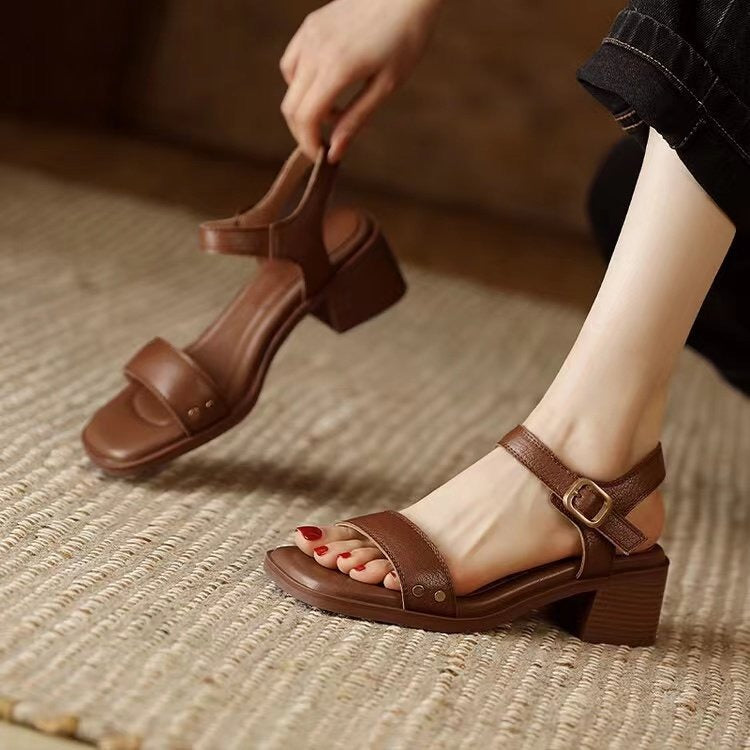 Sandalias Mujer Puntera Cuadrada Tacón Ancho Ajustable