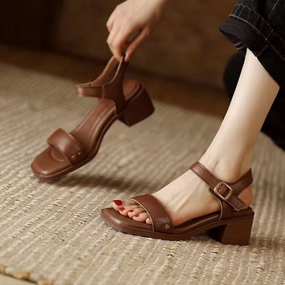 Sandalias Mujer Puntera Cuadrada Tacón Ancho Ajustable