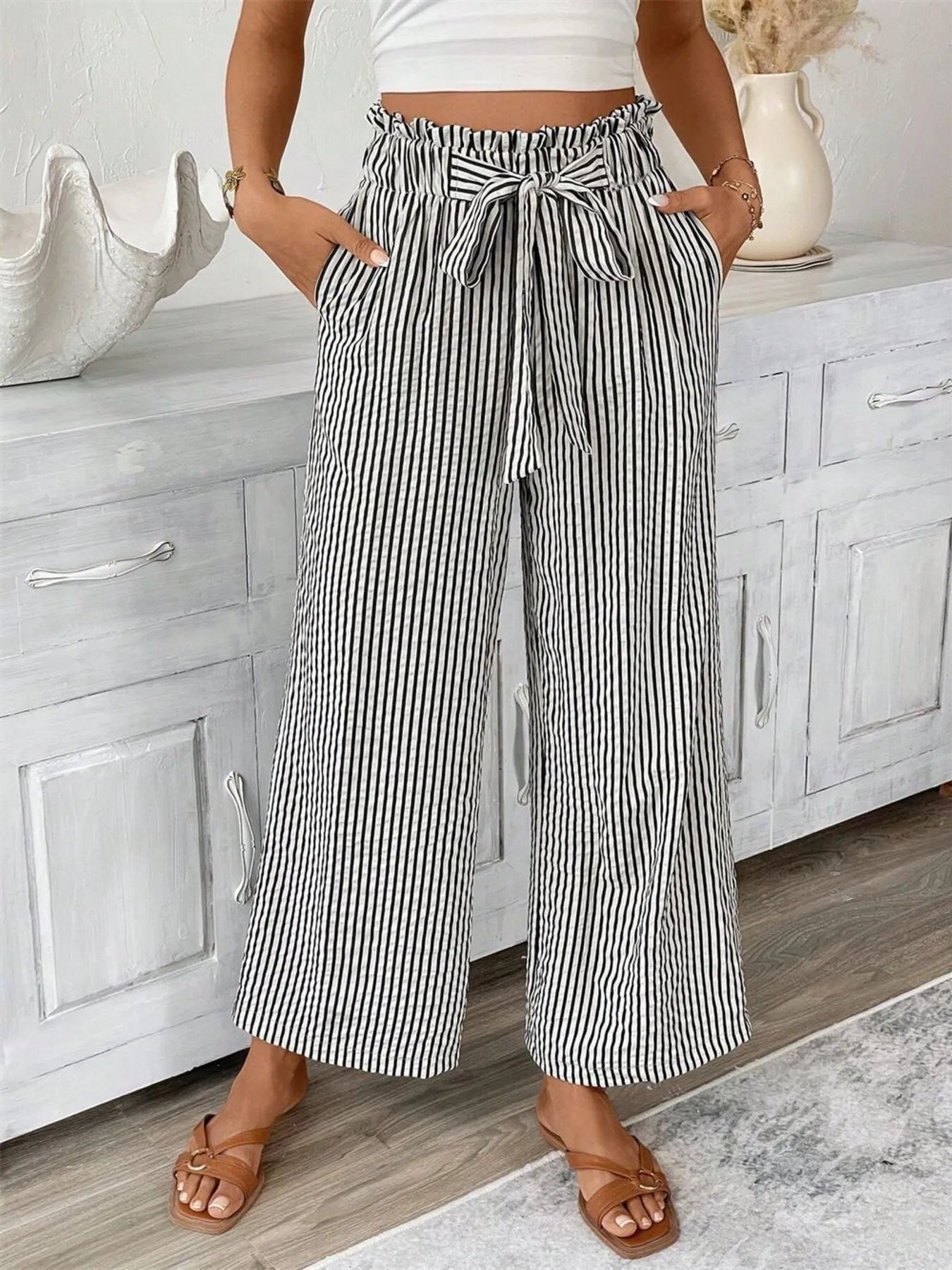 Pantalón Rayas anchas Cintura Alta Mujer - Vestiria