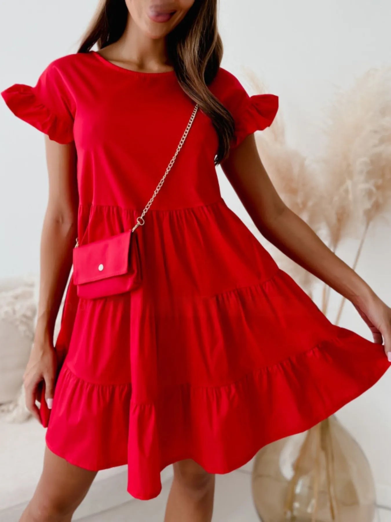 Vestido Corto Volantes Florales Manga Desigual