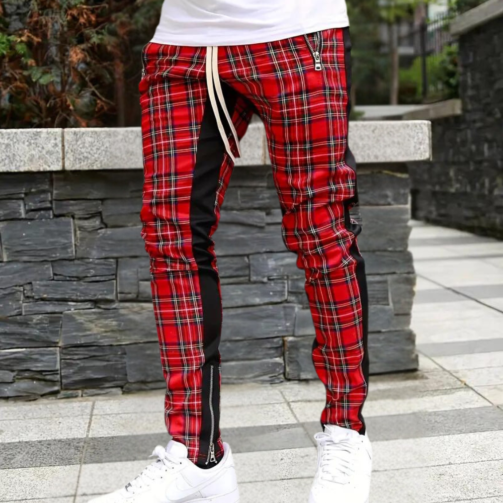 Pantalón deportivo estampado cuadros ajustado hombre