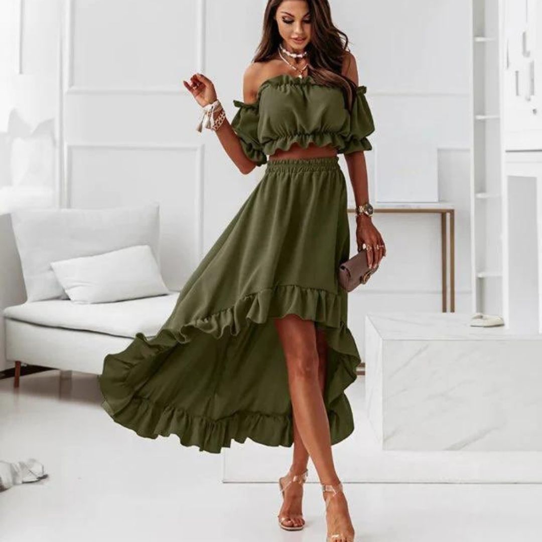 Vestido Volantes Escote Alto Elegante