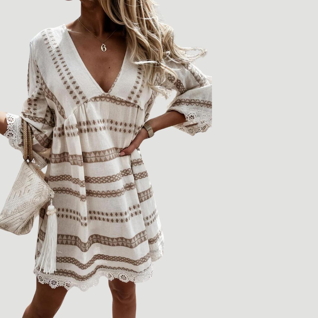 Vestido de Encaje Estampado Floral con Escote en V