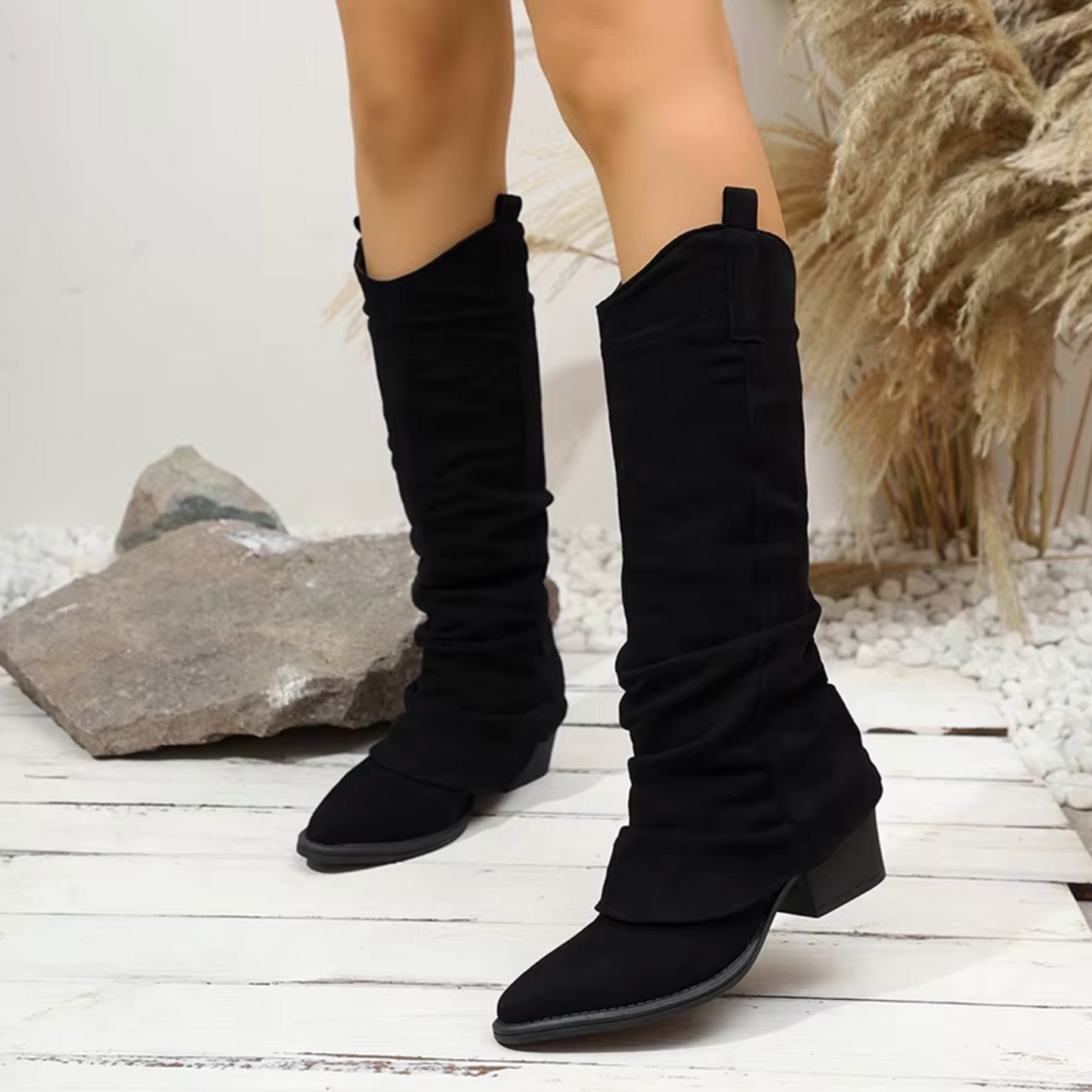 Botas Mujer Altas con Tacón Bajo y Pliegues Elegantes