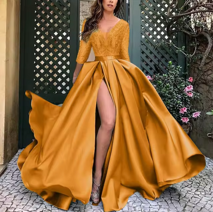 Vestido Elegante Manga Larga Cuello V