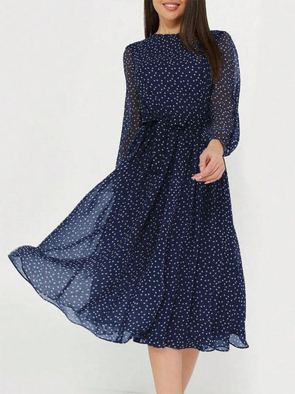 Vestido Midi con Mangas Largas y Lunares Elegante