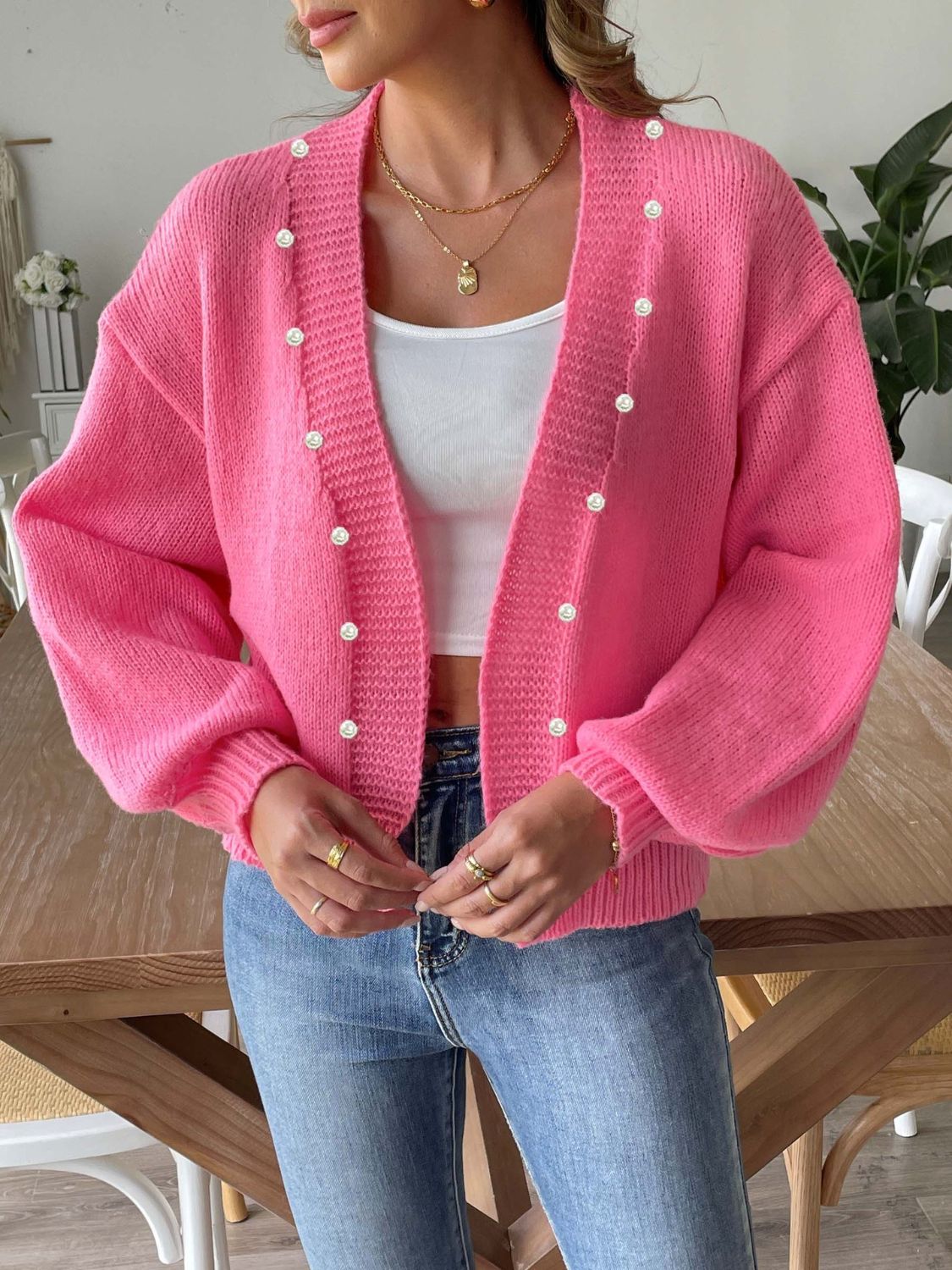 Cárdigan Mujer Elegante con Perlas Abierto - Vestiria