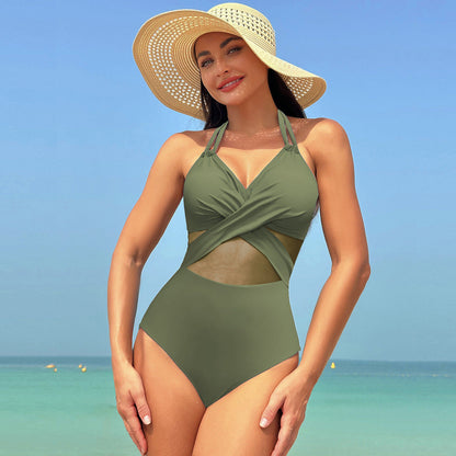 Traje de baño mono color liso con tirantes cruzados