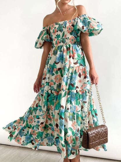 Vestido Floral con Mangas Rizadas y Falda Larga